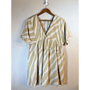 Vestique Dress Tan Cream Zebra Print Short Sleeve V Neck Lined‎ Mini